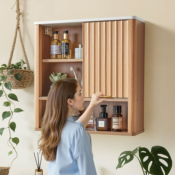 Over-The-Toilet Bathroom Storage Cabinet with Adjustable Shelf & Door - Wall Mounted Medicine Organizer with Open Compartments for Bathroom, Laundry Room & Kitchen