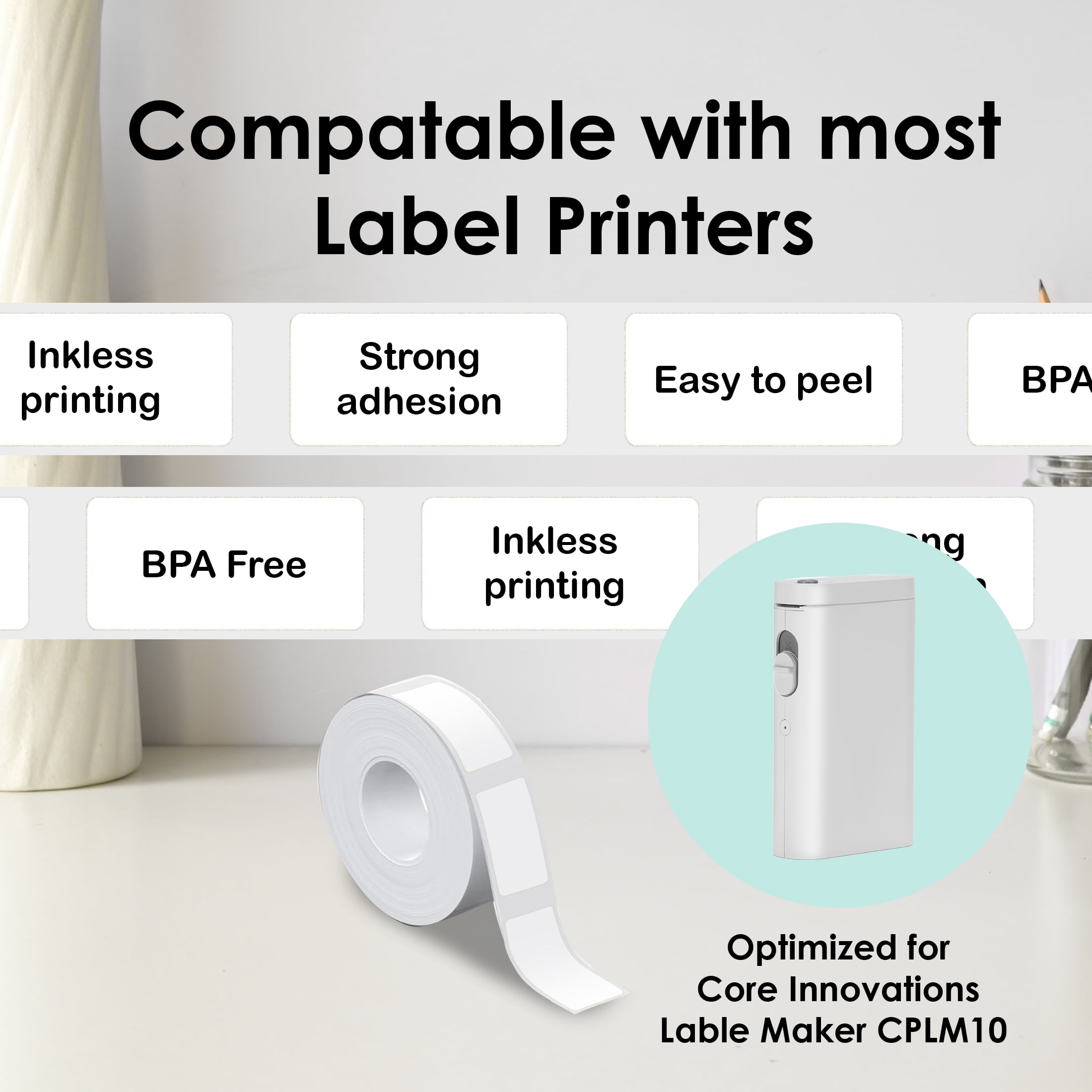 Core Innovations Thermal Label Rolls, 2-Pack, 90 White BPA-Free Labels per Roll, 0.55” x 1.57”, Water & Oil Resistant