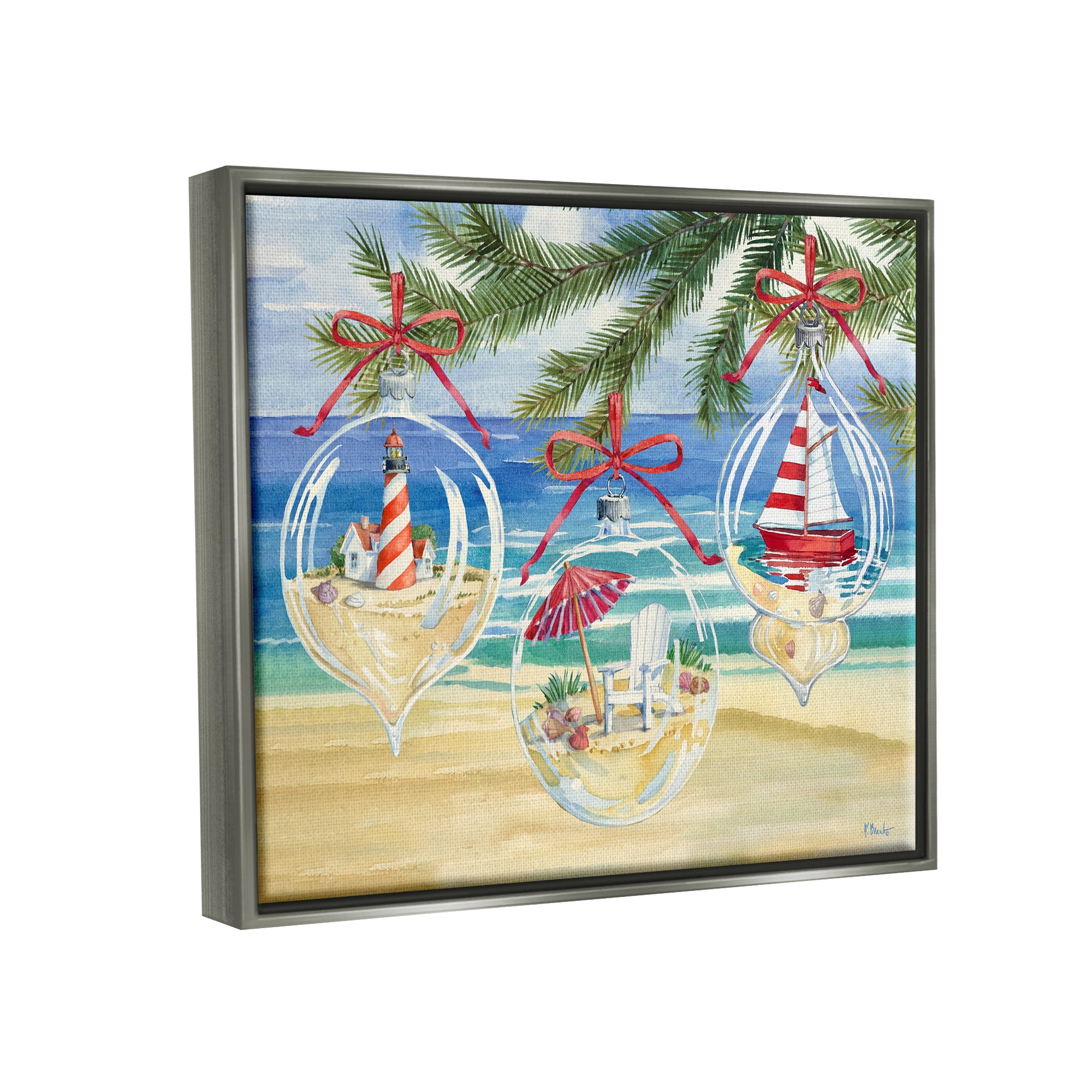 Stupell Industries Coastal Christmas Ornaments Holiday Painting Gray Floater Framed Art Print Wall Art, 21 x 17