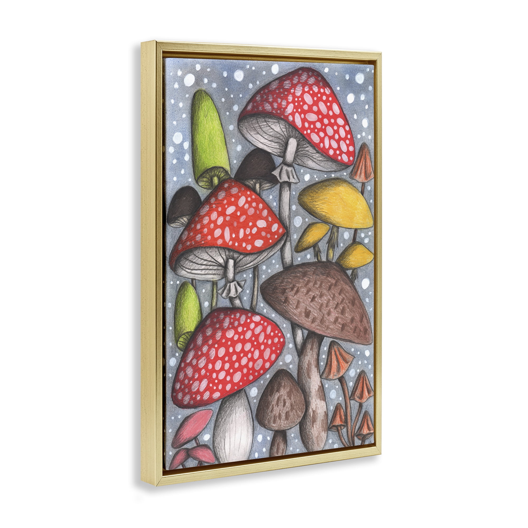 Sketched Magical Mushrooms Gold Framed Floater Canvas Wall Art, design by Cecilia Battaini