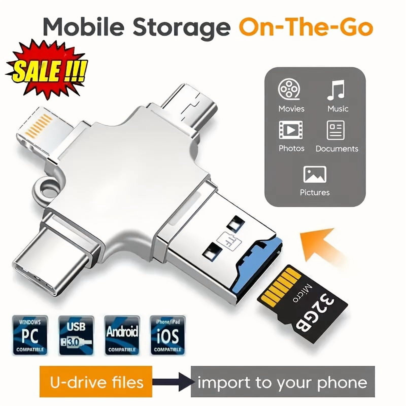 4-in-1 USB 3.0 OTG Card Reader & Fast Charger Adapter for iPhone iPad Android, Mobile Storage Flash Drive for TF/Micro SD Cards, USB 3.0 Hub for Content Creators & Tablet Users