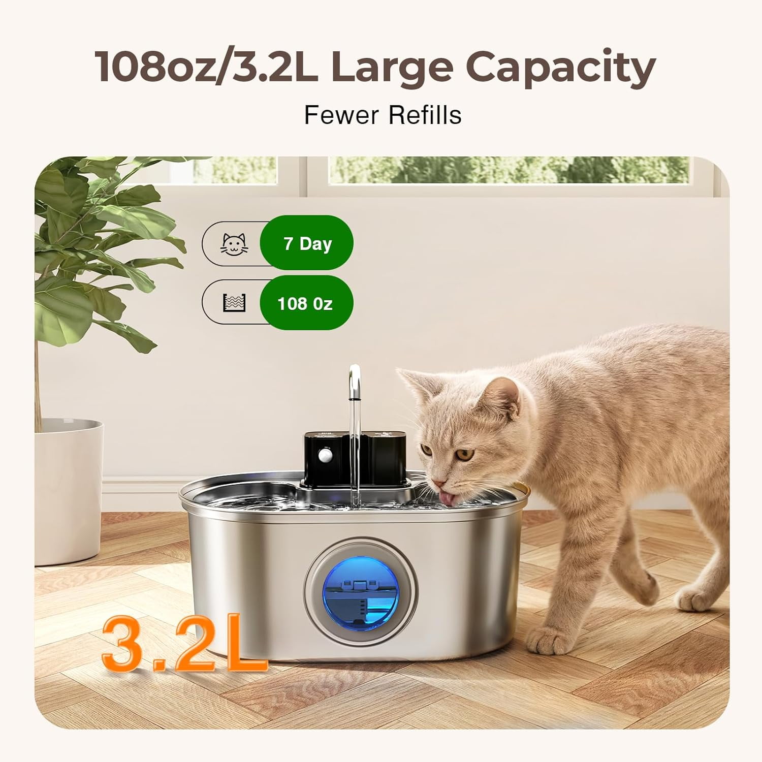 Stainless Steel Cordless Battery Operated Pet Water Fountain, 108oz/3.2L Quiet Pump, BPA-Free with 3 Filters, Easy to Clean for Indoor Cats