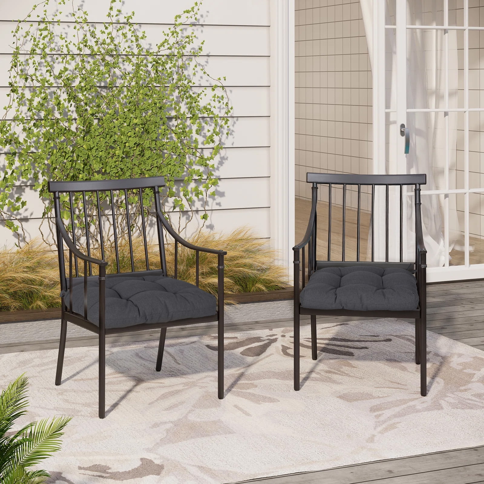 Aoodor 19x19x5 Inch Tufted Outdoor Chair Cushions, Water and Fade Resistant Polyester Dining Chair Pads with Ties for Patio Furniture, Set of 4, Dark Gray
