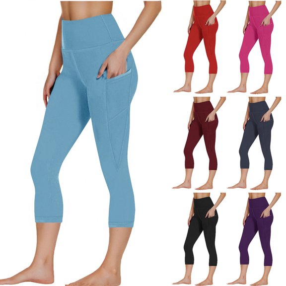 Smsaxvxz Capri Yoga Pants for Women Soft Comfy Solid High Waist Pants Workout Leggings with Pockets Blue 3XL