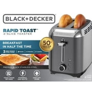 BLACK+DECKER 2‑Slice Toaster with Rapid Toast Technology, Black Stainless Steel, Extra‑Wide Self‑Centering Slots, 7 Settings, Pull‑Out Crumb Tray