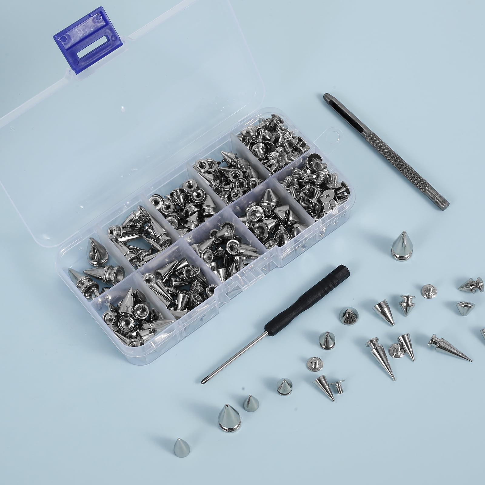 Ikoopy 718Pcs Punk Spikes and Studs Kit Zinc Alloy Silver Cone Spike and Stud Rivet Kit 8 Size Metal Leather Tree Spike Assortment Tool for Clothing Jacket Shoes Wallet