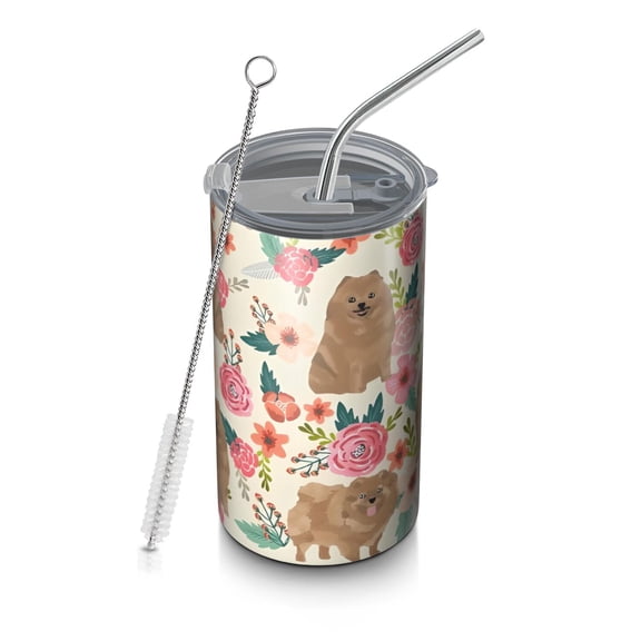 20oz Coffee Tumblers Pomeranian Dogs and Flowers Stainless Steel Vacuum Insulated Travel Tumbler Coffee Cups Mug with Lid and Straw with Cleaning Brush for Cold & Hot Drinks