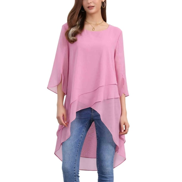 INSPIRAR CHIC Blusa de Chifón Asimétrica de Cuello Redondo con Mangas de Volante 3/4 y Corte Alto-Bajo en Rosa Oscuro Talla L