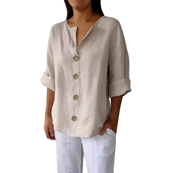 Womens Tops 3/4 Sleeve Cotton Linen Button Down V Neck Casual Loose Fit Shirts & Tops Comfortable Skin-Friendly Breathable Perfect For Work Daily Travel Beach L Sweaters For Women