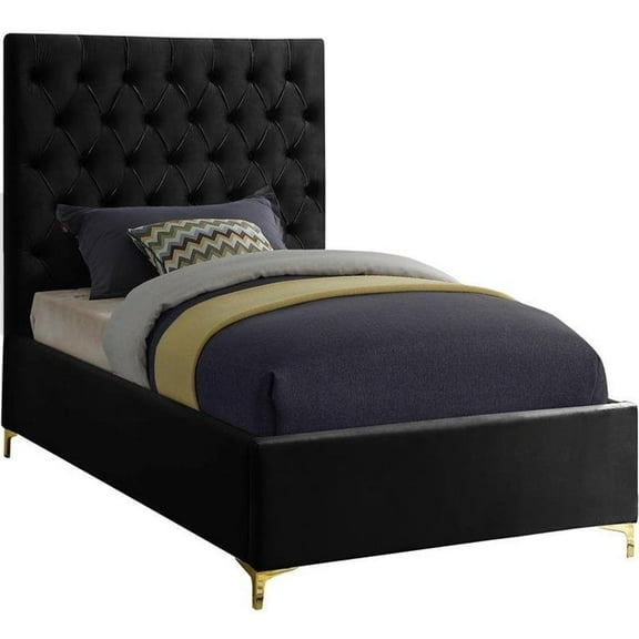 Maklaine Contemporary Solid Wood Tufted Velvet Twin Bed in Black