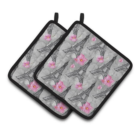 

Watercolor Pink Flowers Eiffel Tower Pair of Pot Holders
