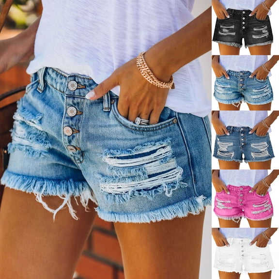 Goodtrade8 Women's Summer Jean Shorts High Waist Demin Shorts Vintage Ripped Pockets Casual Cute Distressed Shorts for Ladies Light Blue