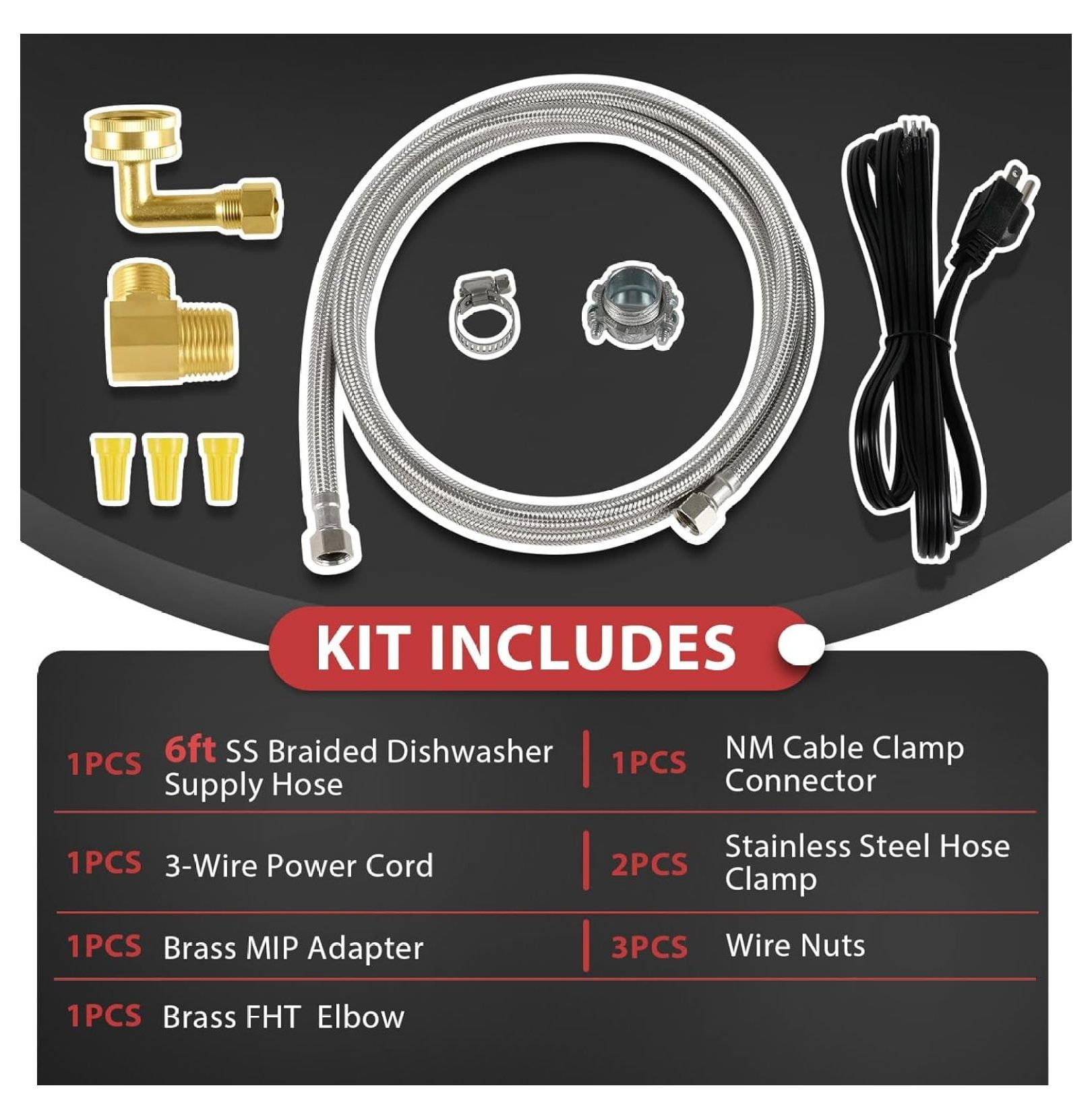 (2 Kit) Dishwasher Installation Kit, 6 FT Stainless Steel Supply Hose, 3/8" X 3/8" Compression Adapter, 3-Wire 6” Power Cord with Tap,(HOSE149-2PCS)