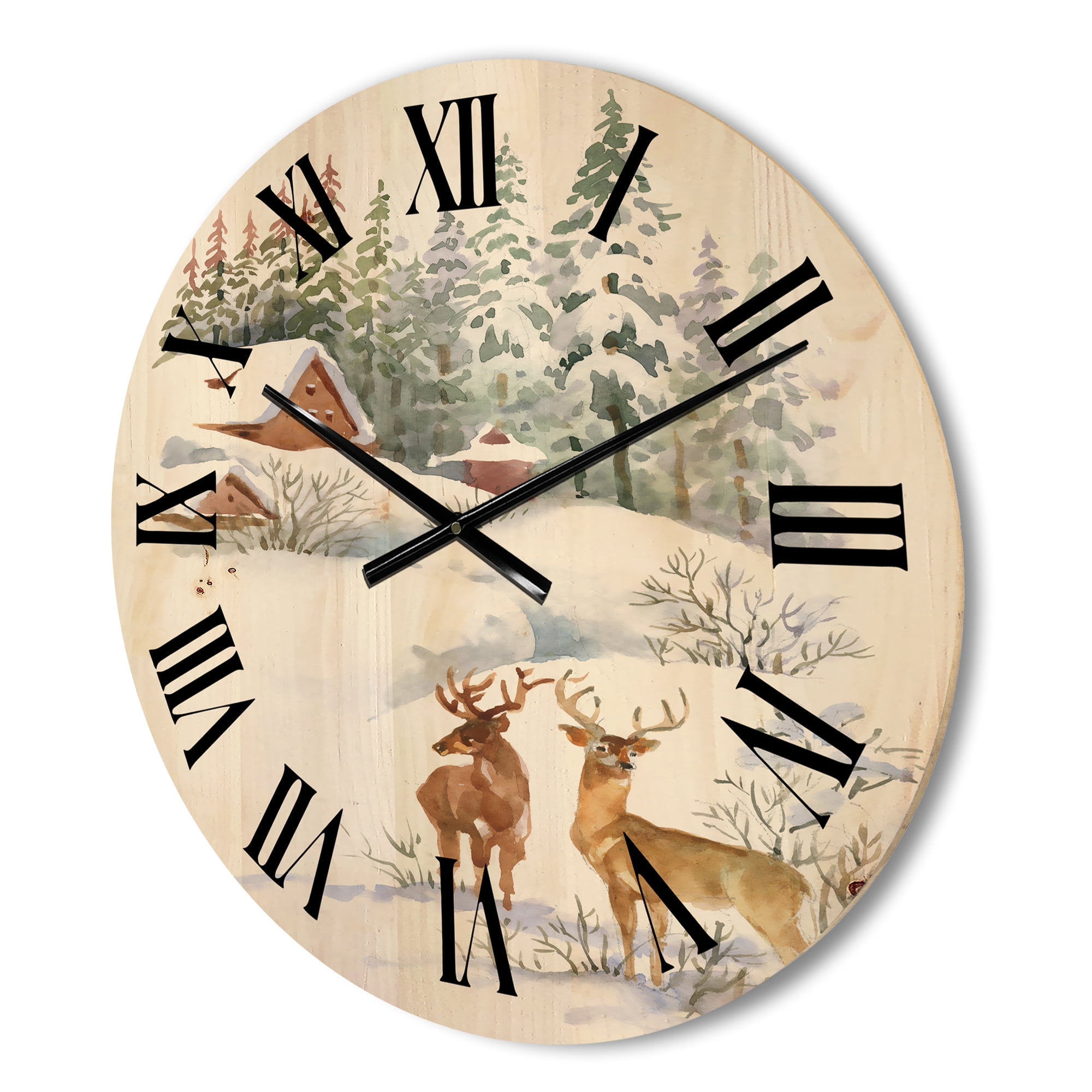 Designart 'Two Deers With Winter Cottage' Farmhouse Wood Wall Clock