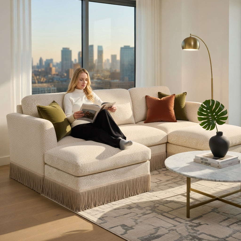 Hommoo Leopard Print Chenille Loveseat Sofa with Movable Ottoman & Tassel Trim, 2-Seat Modern Deep-Seat Couch for Living Room, Beige