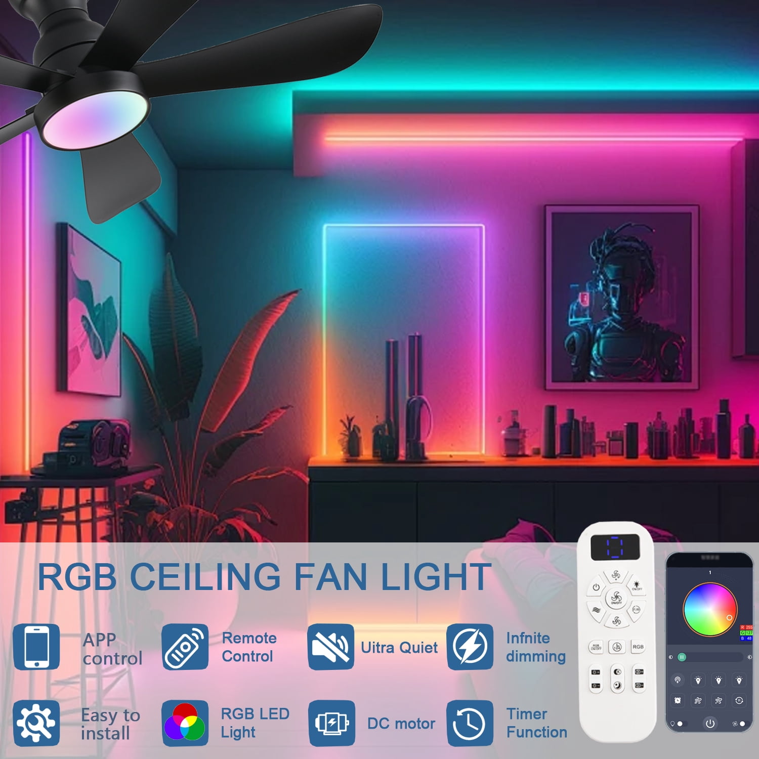 42 Inch Black Ceiling Fans with Lights and Remote/App Control, Flush Mount Ceiling Fan with RGB Dimmable Light, Noiseless Modern Small Ceiling Fan for Bedroom Indoor/Outdoor