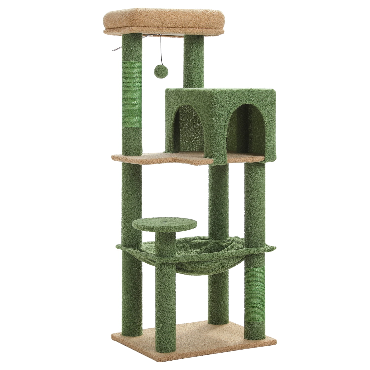 Pefilos 44" Cat Tree Tower for Indoor Cats, 5-Level Cat Condo with Large Hammock, Big Top Perch and 4 Sisal Covered Scratching Pos, Green