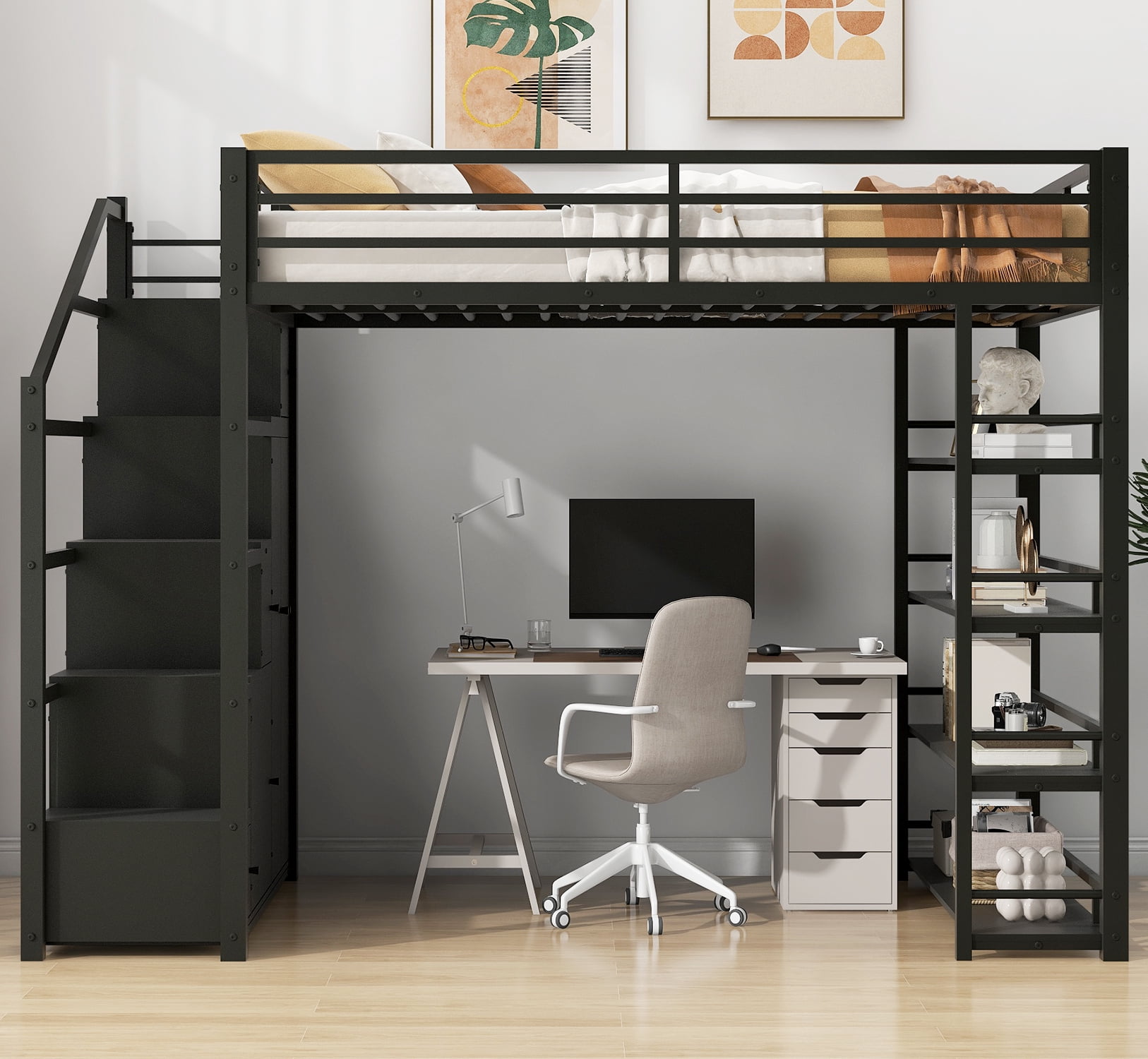 Euroco Full Size Metal Loft Bed with Storage Shelves and Cabinets, Open Wardrobe and Staircase, Black