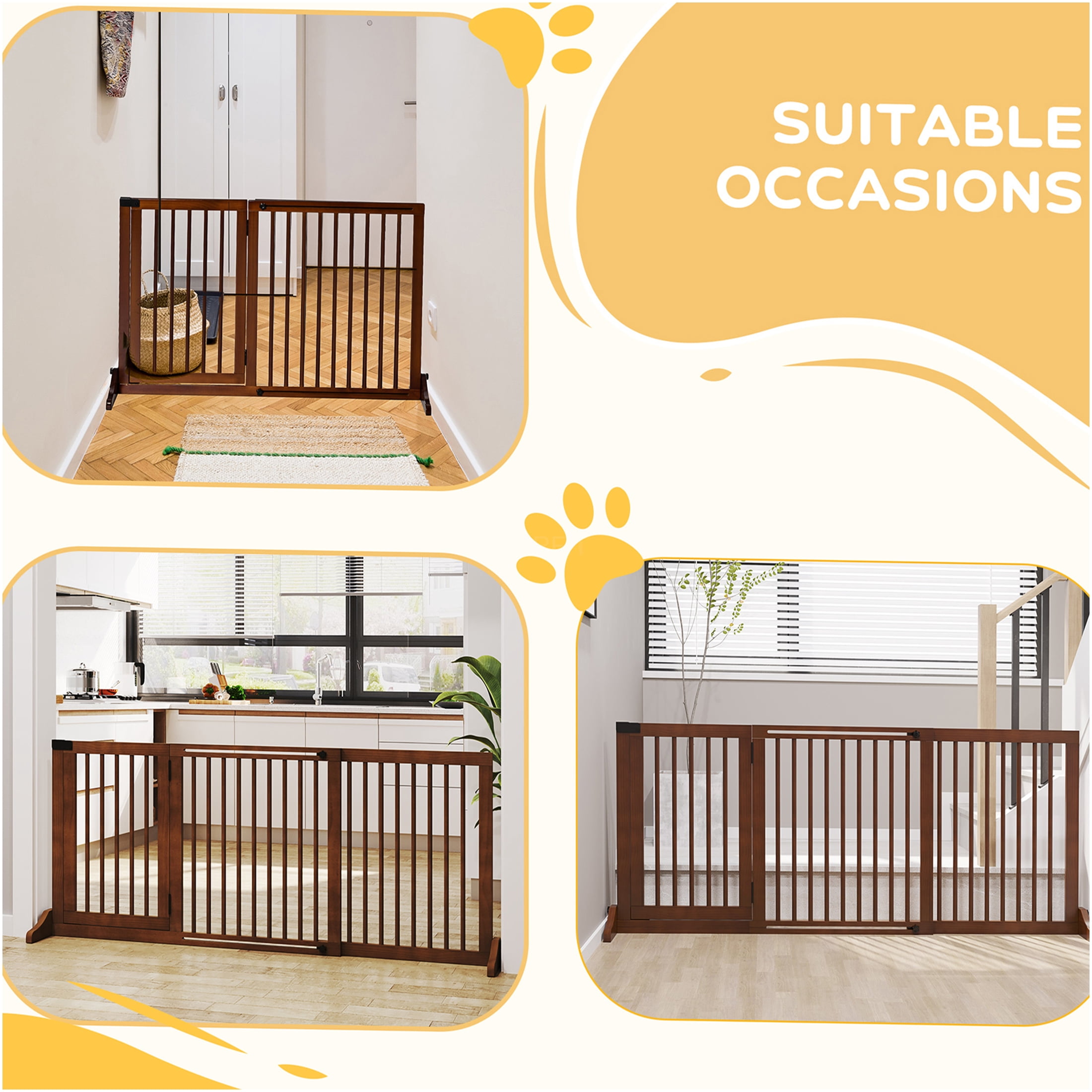 JERFIT Adjustable 3-Panel Freestanding Pet Gate with Locking Door, 44.5"-65.25" L x 28" H, Brown Wood Dog Fence for Doorways & Stairs