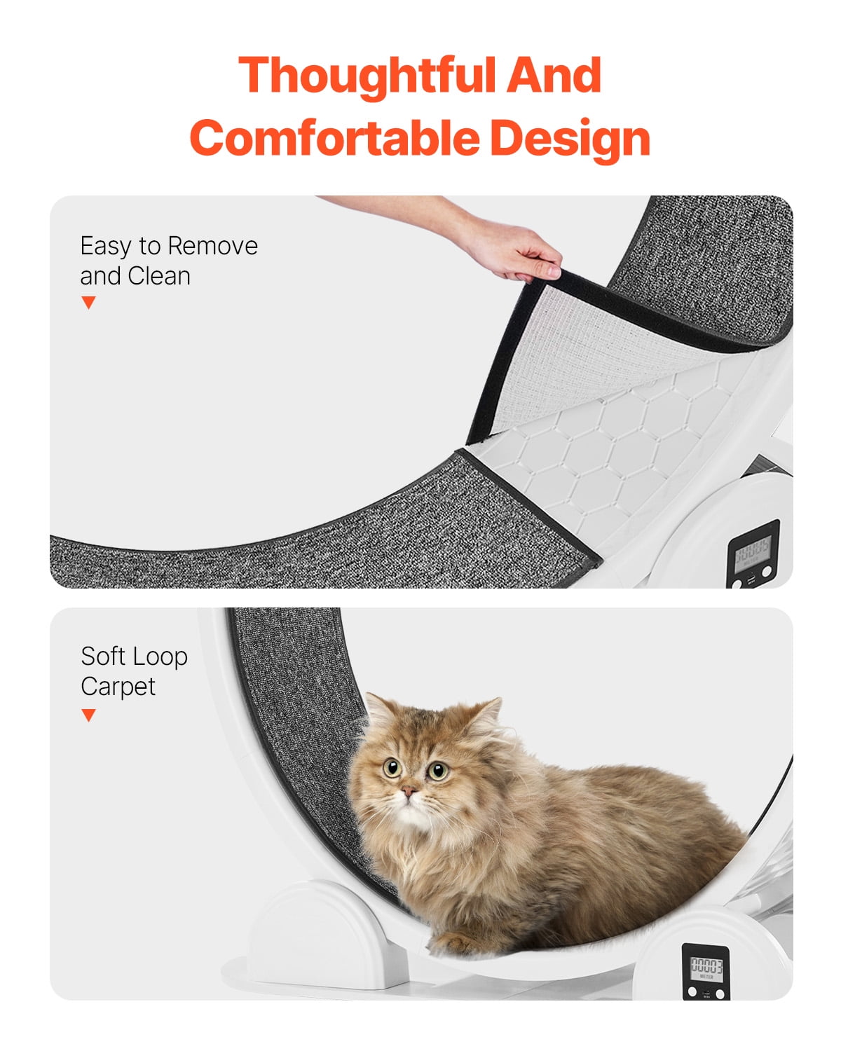 KFFKFF 40.8" Cat Exercise Wheel, Silent Cat Treadmill for Felines Below 30lbs, Feline Jogging Wheel equipped with Brake & Carpeted Pathway (White)