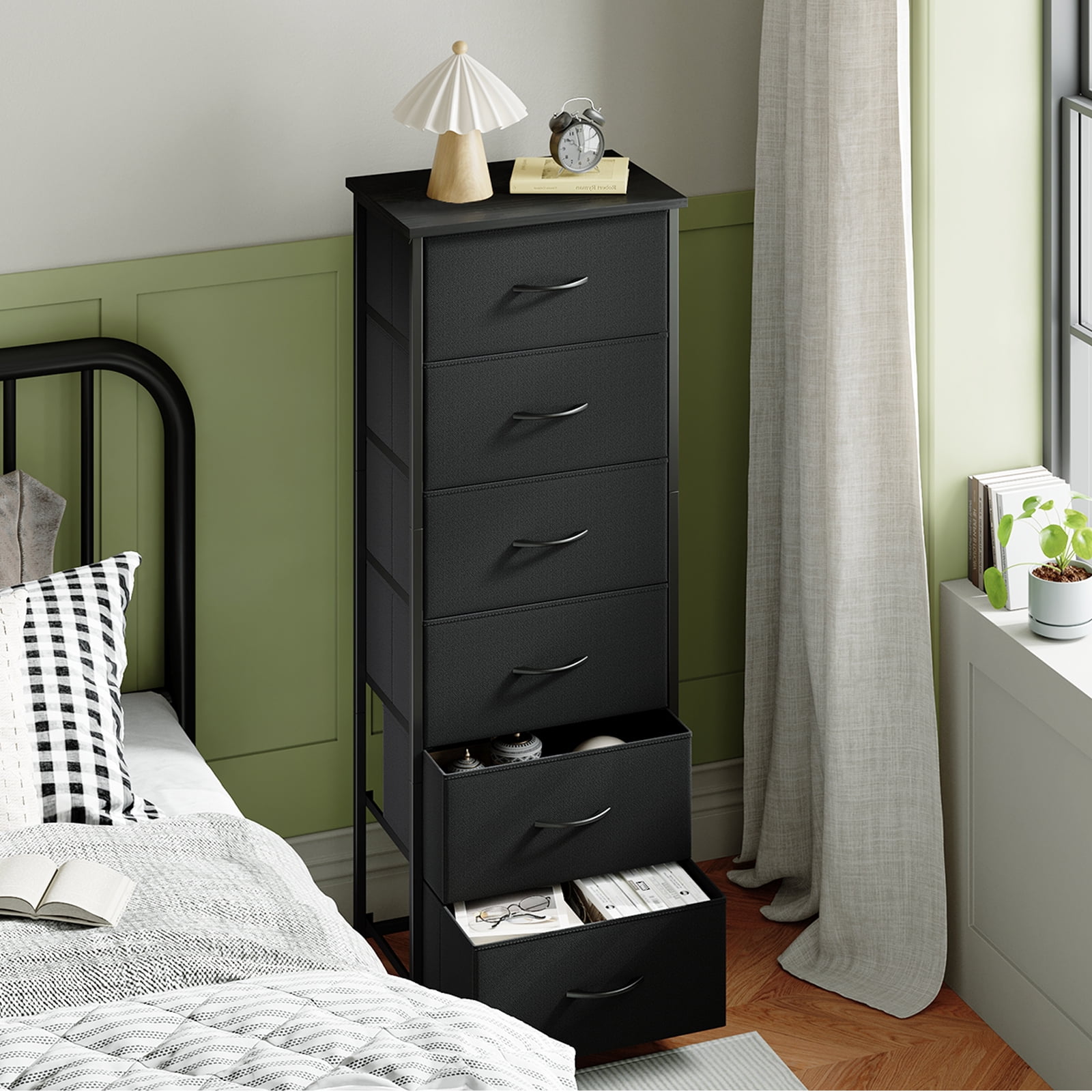 Eunos 6 Black Dresser with Fabric Chest of Drawers, Tall Nightstand  for Bedroom Living Room