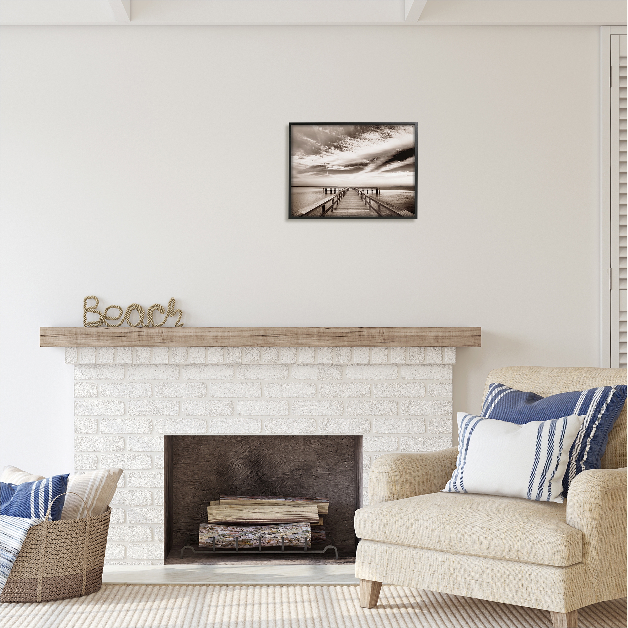 Stupell Industries Dock with Cloudy Sky Landscape Photography Black Framed Art Print Wall Art, 20 x 16