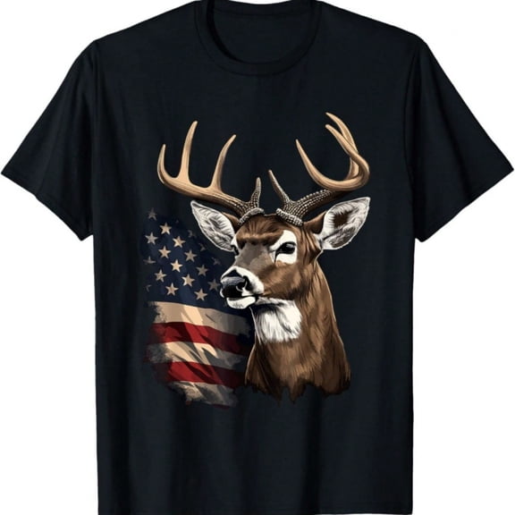 Men's Patriotic Deer Hunting T-Shirt - 100% Cotton, Whitetail Buck & Design, Regular Fit