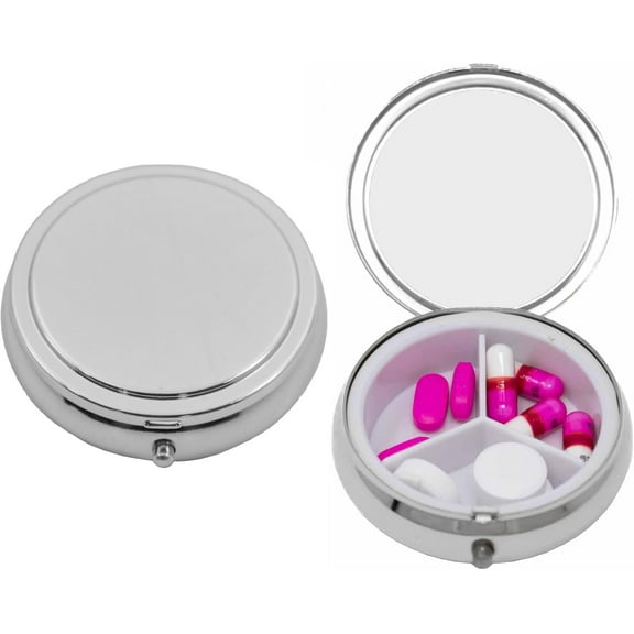 Set of 2 Circular Triple-Compartment Pocket Purse Pill Box & Organizer With Insert (Silver Flat Top - Engravable)