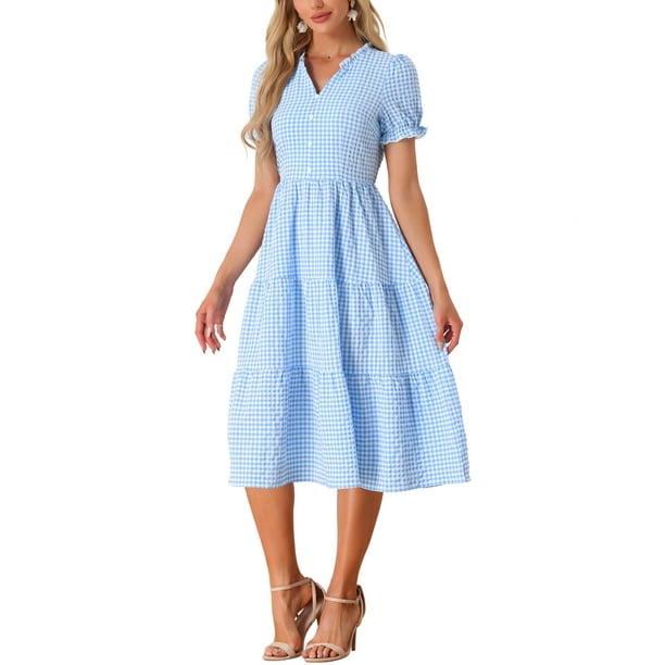 Inspire Chic Women's Gingham Dress Summer Ruffle Trim V Neck Button Decor Flowy Midi Dresses Blue S