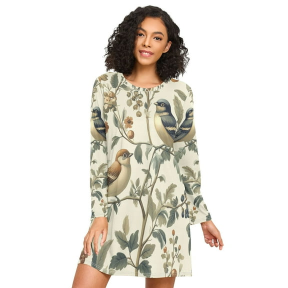 FORMRS Womens Long Sleeve Nightgowns Crew Neck Sleep Shirt Soft Pajamas Sizes S-3XL, Green Birds
