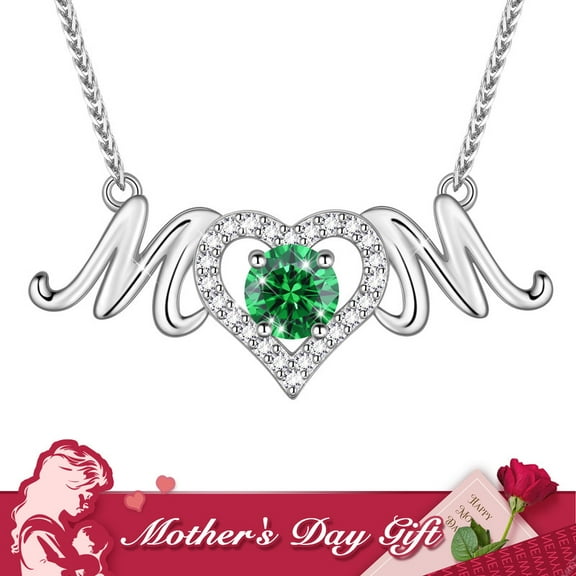 Beautlace Mom Pendant Necklace 925 Sterling Silver Love Heart May Emerald Birthstone Necklace Mother's Day Birthday Jewelry Gifts for Mom Women Grandma