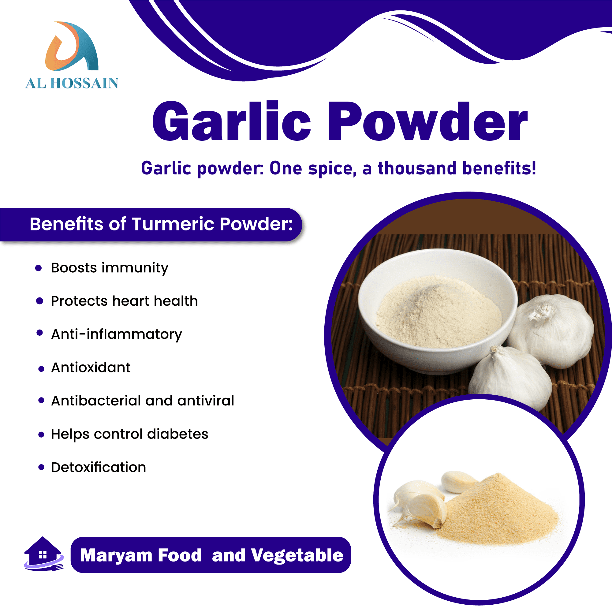 Al Hossain Indian Natural Garlic Powder bulk 11 LBS/ 5kg (176 oz). Gluten-Free. Garlic powder seasoning. Bold Flavor & Natural Aroma for Cooking.
