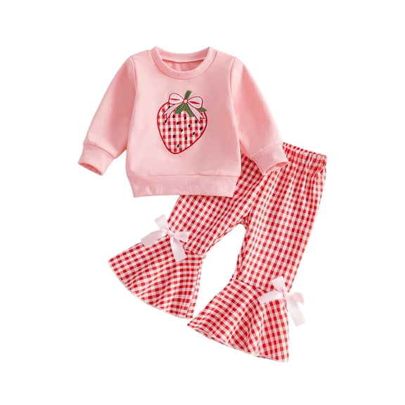 PynkiFlick Baby Toddler Girl Outfit 6 12 18 24 Months 2T 3T 4T Long Sleeve Crew Neck Sweatshirt and Plaid Flare Pants Clothes Set