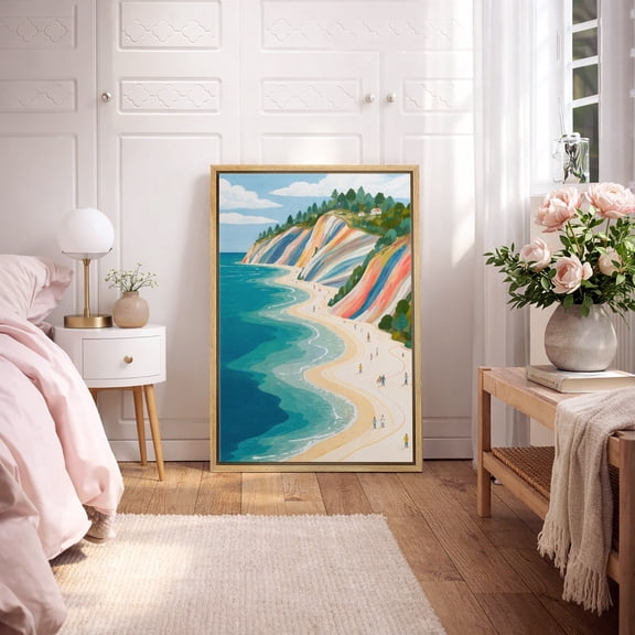 Framed Canvas Wall Art Coastal Cliff Beach Print for Living Room Decoration - 16"x24" NATURAL