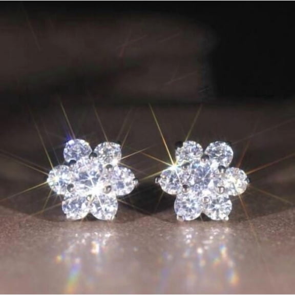 2Ct Round Cut Lab Created Diamond Flower Style Stud Earrings 14k White Gold Plated 925 Silver