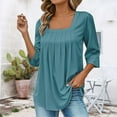 thumbnail image 4 of yunLCZ Ladies Blouse Clearance A Vintage Solid Color T Shirt With A Square Neck For Ladies A Casual Pleated Loose And Flowing Three Quarter Sleeve Top Summer short sleeve loose fit tunics, 4 of 7