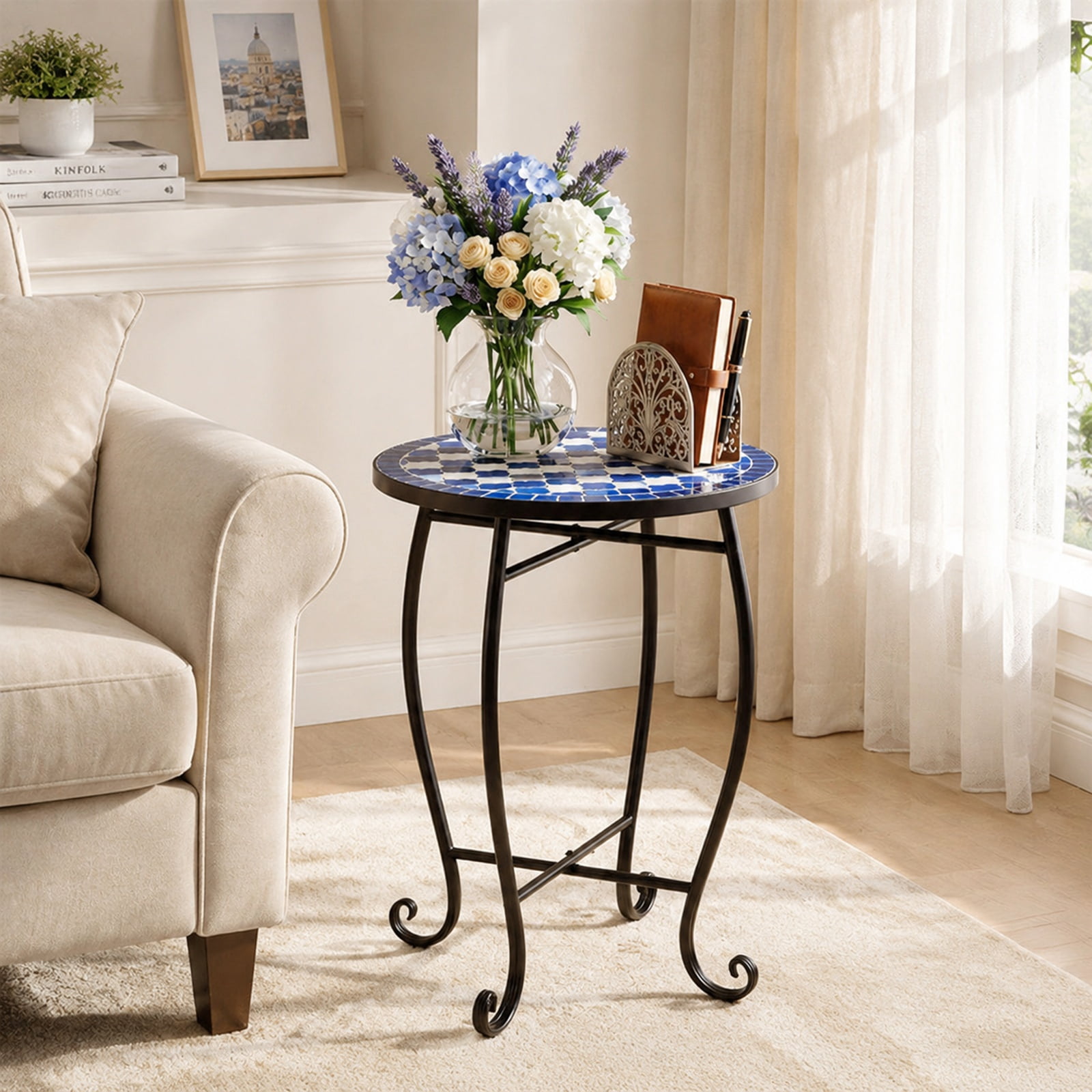 Biotree 14 Inch Metal Mosaic Accent Table, Outdoor Patio Side Table Plant Stand with Floral Clover Top and X-Frame Base for Backyard Poolside, Blue
