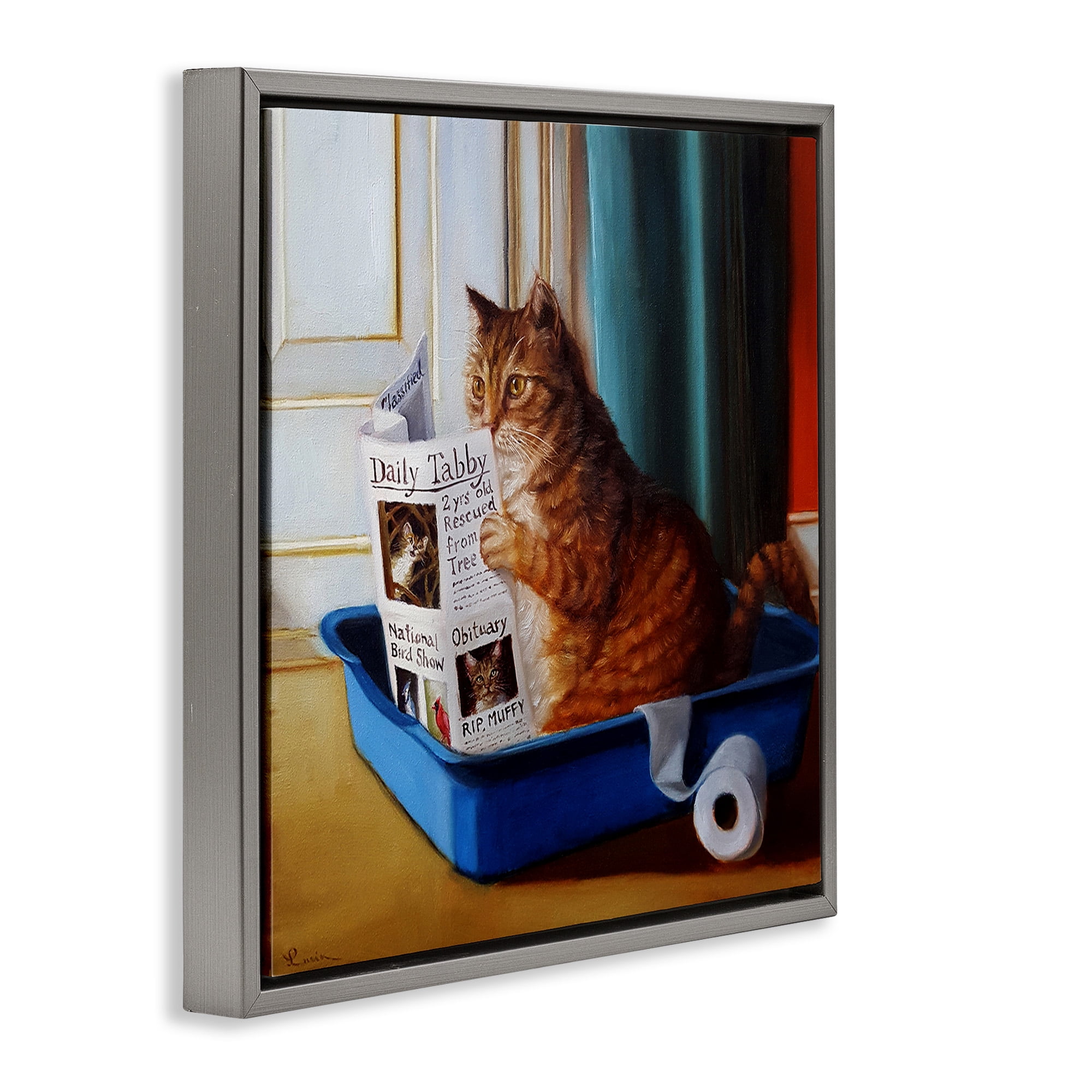 Stupell Industries Litter Box Reading Funny Cat Animals & Insects Painting Gray Floater Framed Canvas Art Print Wall Art, 25 x 25