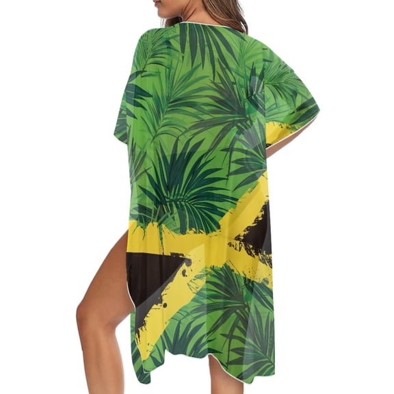 FKELYI Women Kimono Cardigan Summer Beach Cover Up Swimsuit Coverup Ladies Beachwear Jamaican Flag Tropical Leaf Print Half Sleeve Resort Wear Vacation Outfits