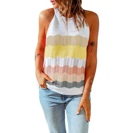 

nsendm 3x Size Tops Womens Sexy O Neck Color Hollow Out Knit Solid Sleevelesss Casual Blouse Tops Brand Women Pajamas Women Vest Khaki Small