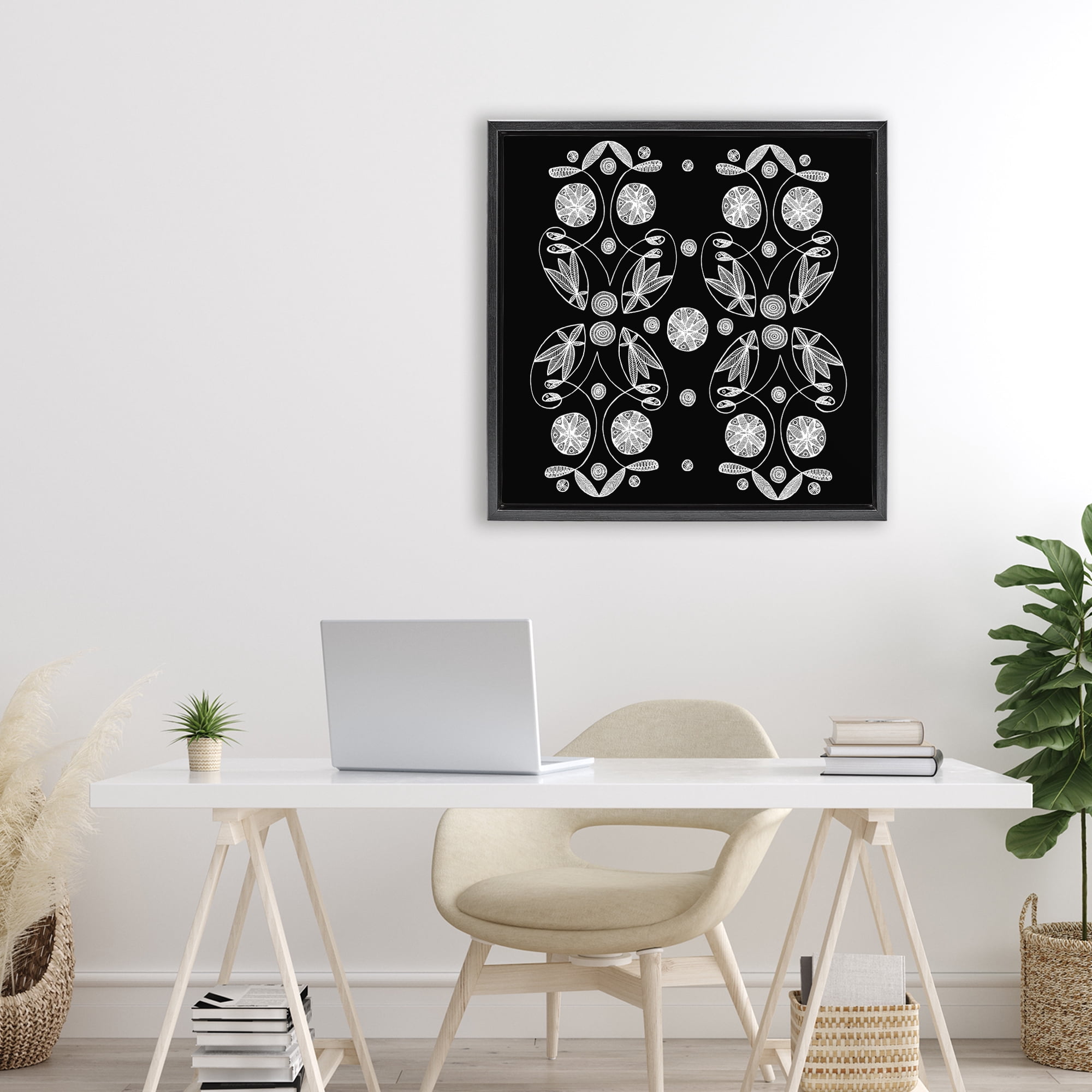 Stupell Industries Symmetrical Flower-Like Patterns Black Framed Floater Canvas Wall Art, design by El Perkin