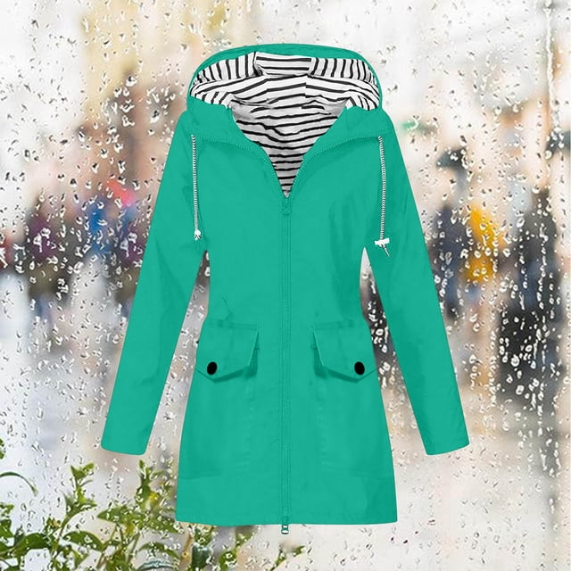 LOVZFMLL Jackets for Women Solid Color Rain Jacket Outdoor Hooded Windproof Loose With Pocket Coat