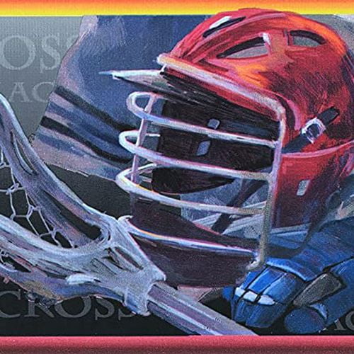 Concord Wallcoverings Wallpaper Border Sport Pattern Lacrosse Game Gloves Helmet Shoes Balls for Home Gym Teenagers Bedroom, Blue Yellow Red Black Grey, 7 Inches by 15 Feet LAX1000B