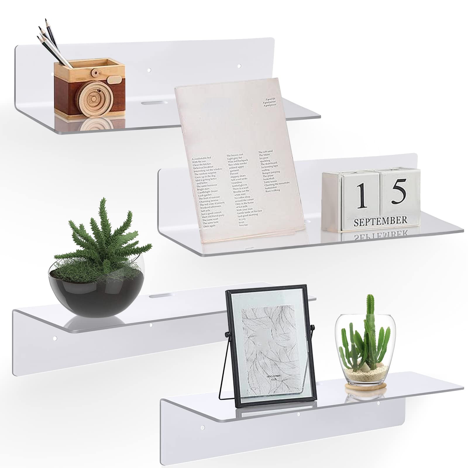 4 Pack Acrylic Floating Shelves, 12'' Acrylic Wall Shelves Display