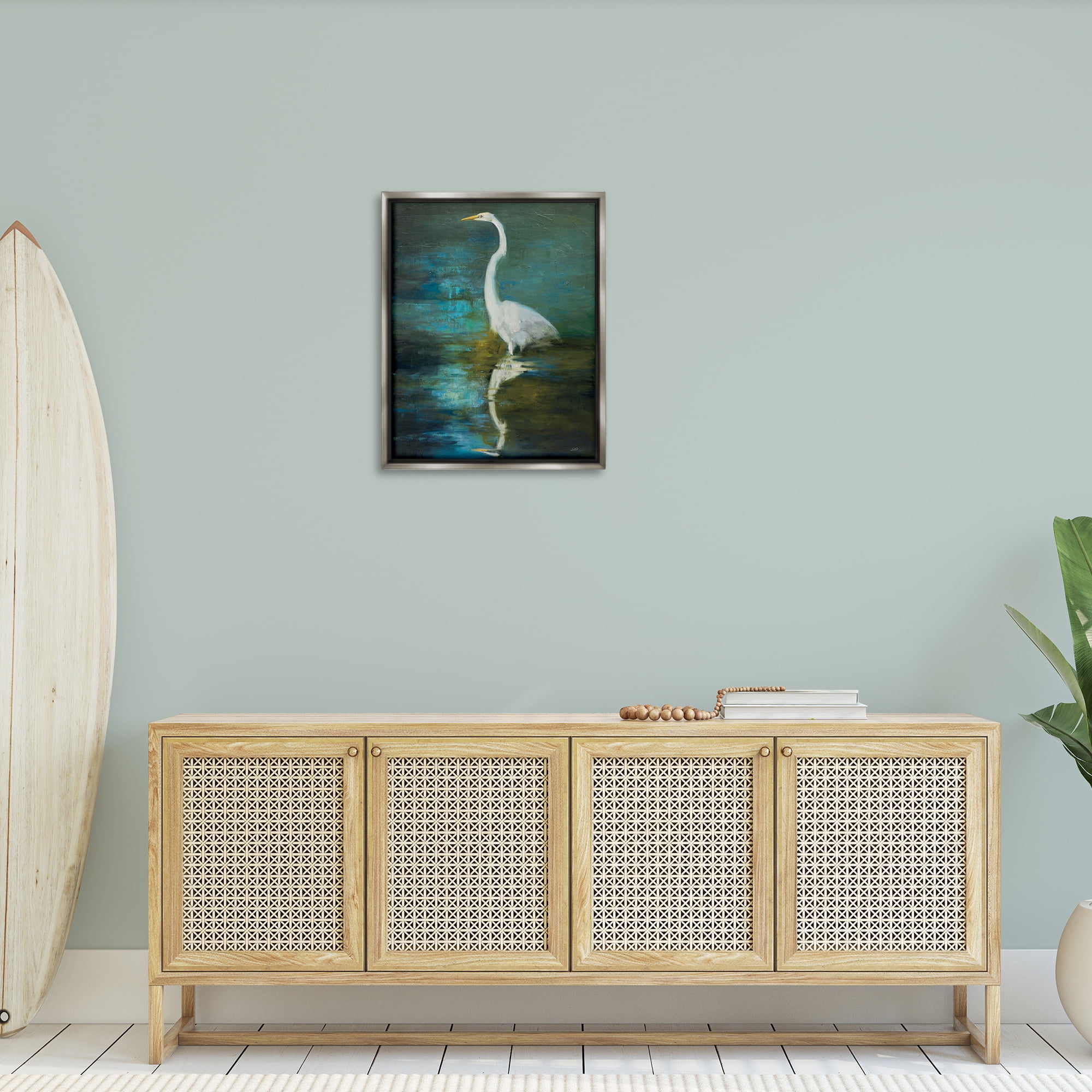 Stupell Industries Nautical Bird Lake Reflection Animals & Insects Painting Gray Floater Framed Canvas Art Print Wall Art, 25 x 31
