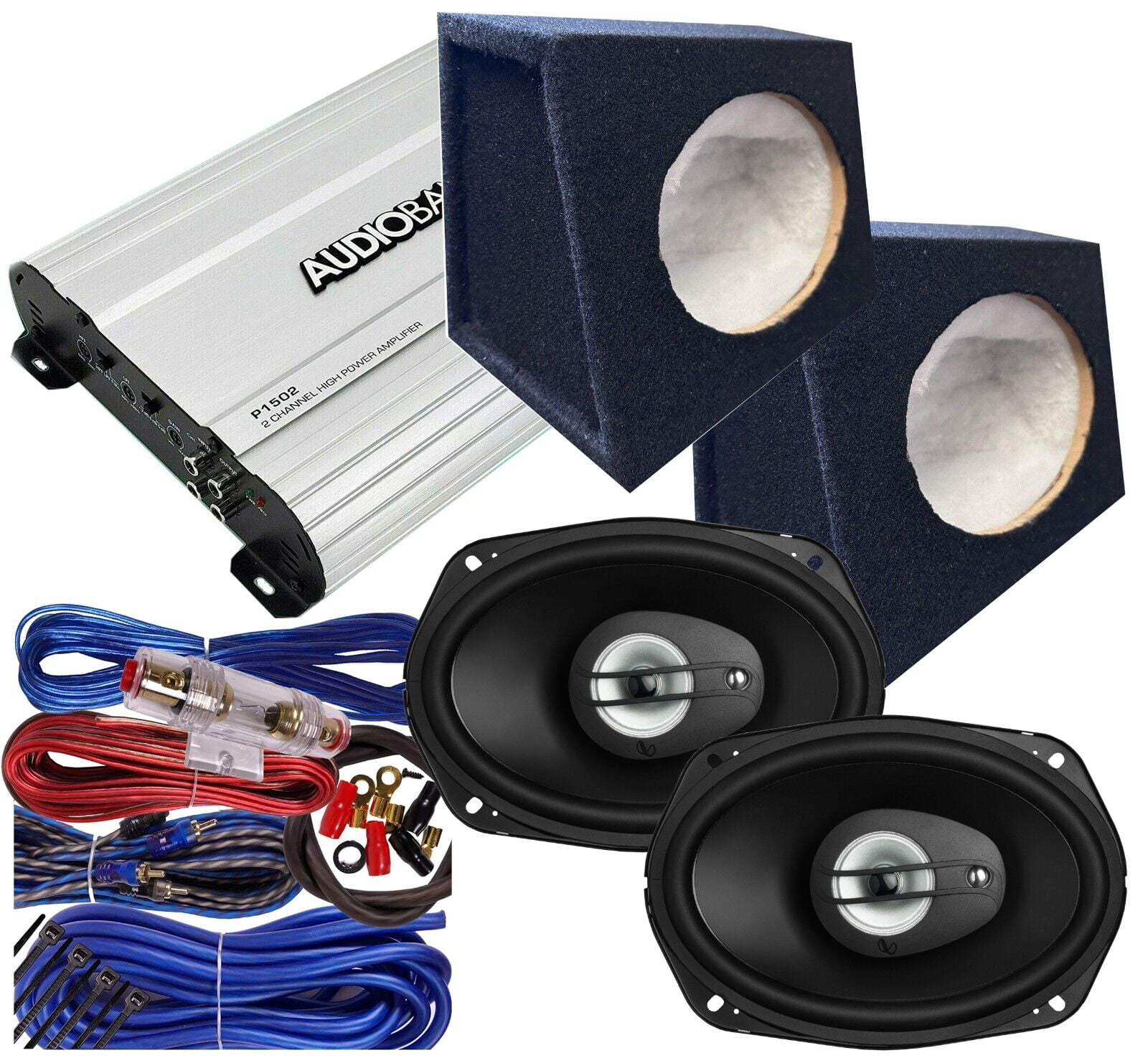 Infinity Alpha 6930 6x9" Speakers +1500W Amplifier + 2x S2 Car Speaker Box + Kit Bundle