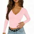 thumbnail image 4 of AherBiu Going out Tops for Women V Neck Long Sleeve T-Shirt Cropped Cute Tops Slim Fitted Stretch Basic Layer Tees Undershirt Pink7,XX-Large, 4 of 9