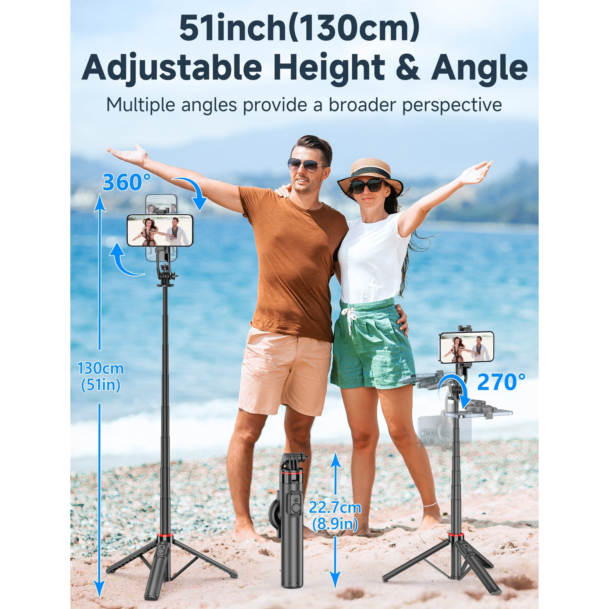 Magnetic Selfie Stick, 51"Aluminum Alloy Selfie Stick Tripod with Remote, Portable Cell Phone Tripod Stand, Selfie Stick 360° Vertical, Phone Travel Tripod Stable for iPhone/Android (Black)