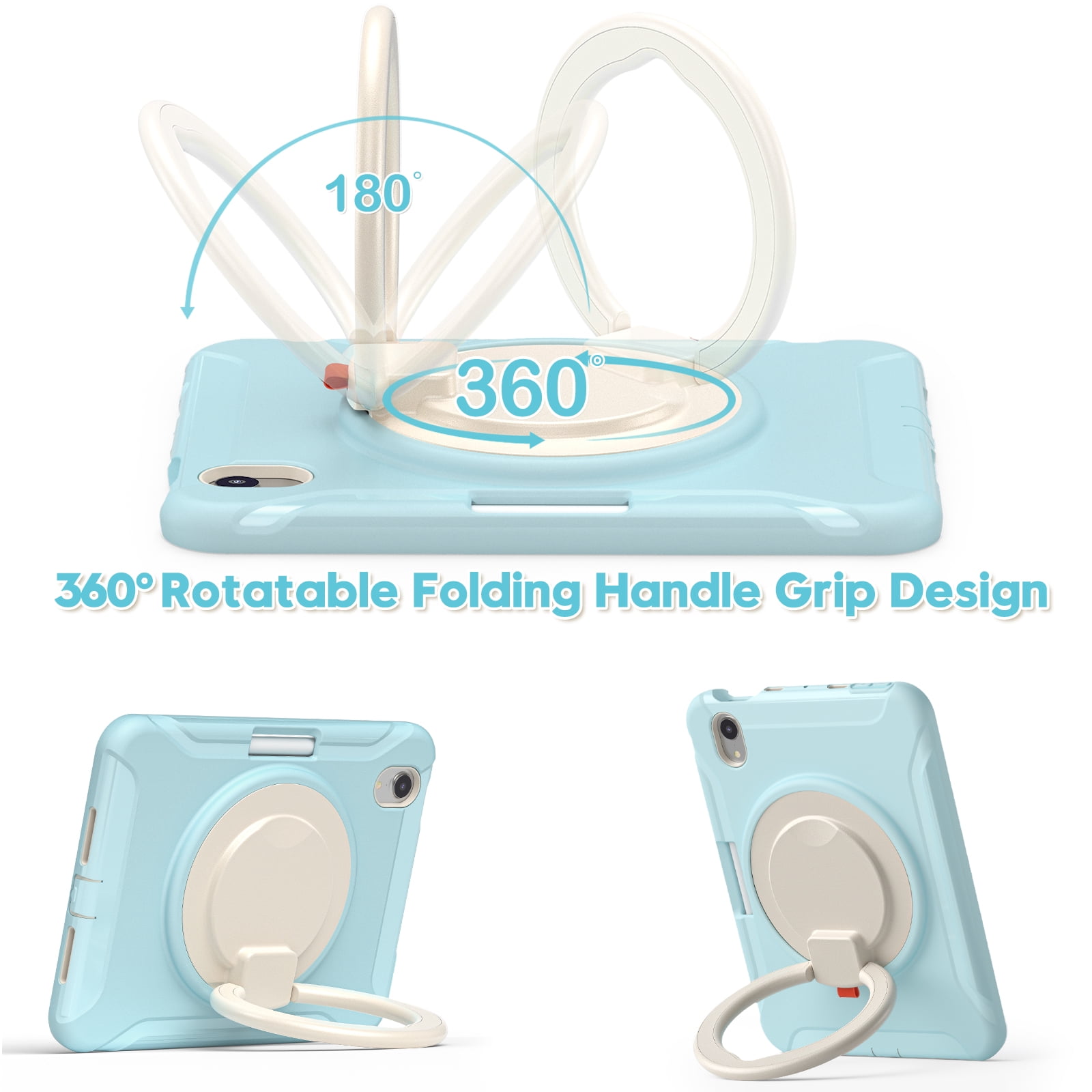 Rugged Case for 2021 Apple iPad Mini 8.3-Inch (6th Generation 2021 Release) - Rotating Stand Handle Case, Built-in Pencil Holder, Lightweight Shockproof Hard Silicone/Plastic Cover (Light Blue)