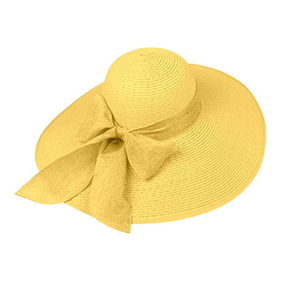 CIENVNSTG Knitted Bowknot Decor Womens Summer Elegant Wide Brim Floppy Straw Hat Beach Vacation Sun Shield Cap Yellow
